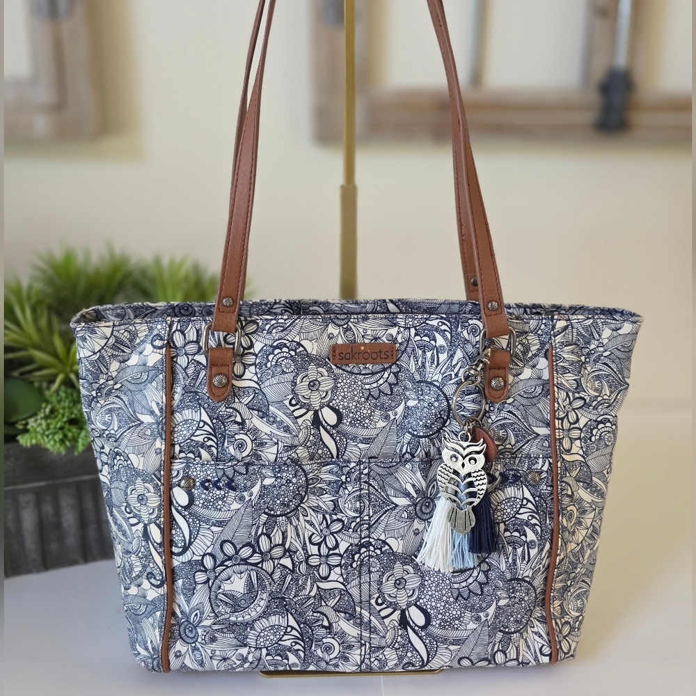 Sakroots Navy Floral Canvas Tote with Tassel Charm - Picture 2 of 16